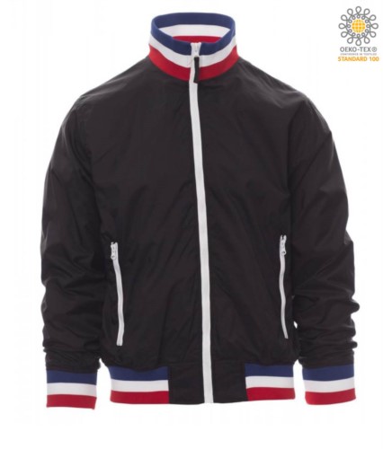 Unpadded jacket in nylon with drytech fabric; collar, cuffs and waist in rib with flag colours. Colour Black with France flag