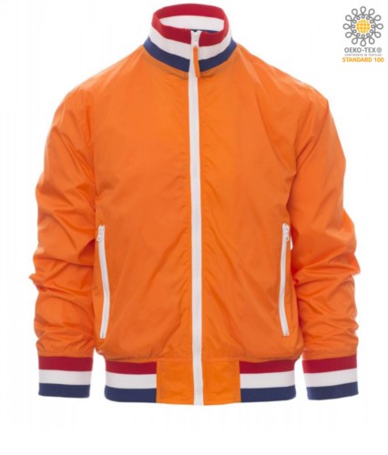 Unpadded jacket in nylon with drytech fabric; collar, cuffs and waist in rib with flag colours. Colour Orange with Holland flag