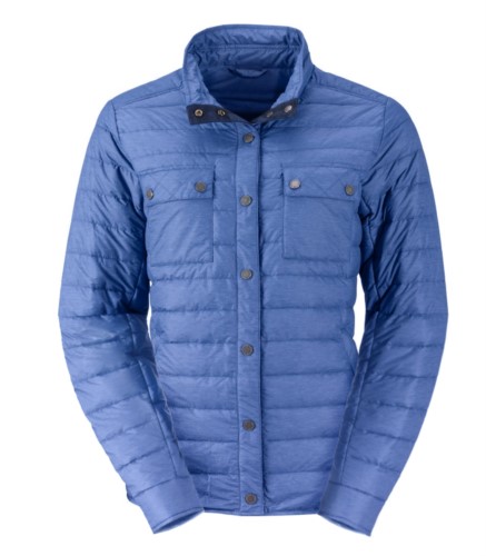 Lightweight women down jacket with fit, soft, windproof and water-repellent fabric, closure with snap buttons and contrasting. Colour: Denim/Melange