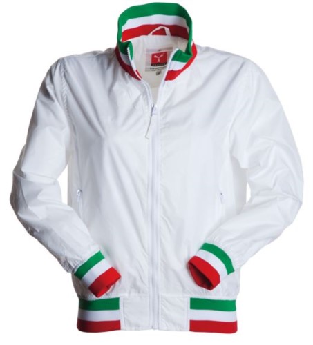 Women unpadded jacket in nylon with drytech fabric; collar, cuffs and waist in rib with flag colors. White with Italy flag