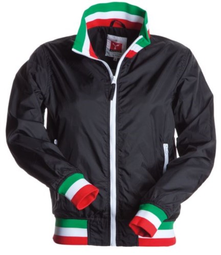 Women unpadded jacket in nylon with drytech fabric; collar, cuffs and waist in rib with flag colors. Black with Italy flag