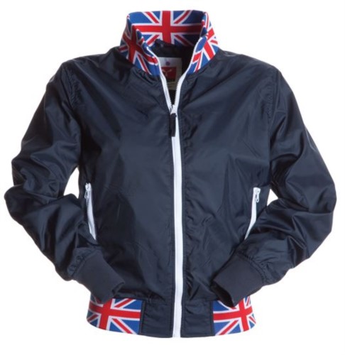 Women unpadded jacket in nylon with drytech fabric; collar, cuffs and waist in rib with flag colors. Navy Blue with UK flag