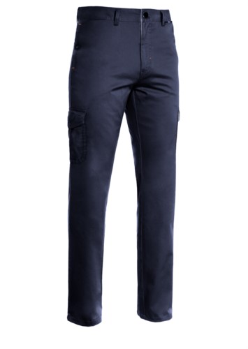Lightweight multi pocket trousers, lined with striped fabric. Colour blue