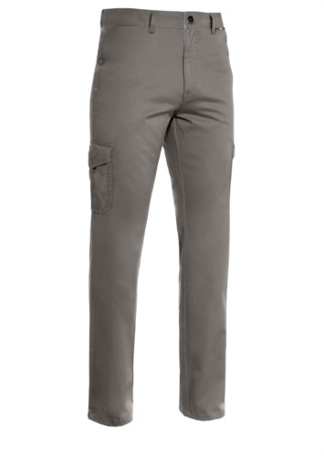 Lightweight multi pocket trousers, lined with striped fabric. Colour grey