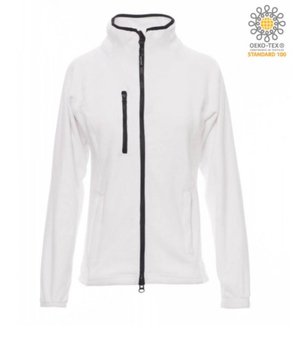 Long zip fleece for women with chest pocket and two pockets. Double slider zipper. Colour: white