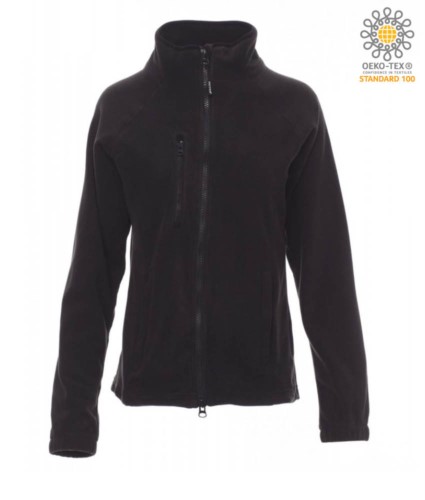 Long zip fleece for women with chest pocket and two pockets. Double slider zipper. Colour: black
