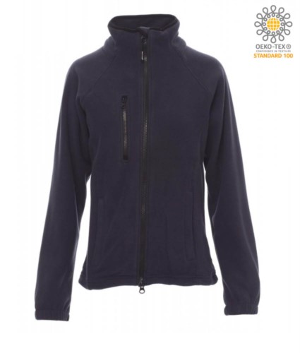 Long zip fleece for women with chest pocket and two pockets. Double slider zipper. Colour: navy blue