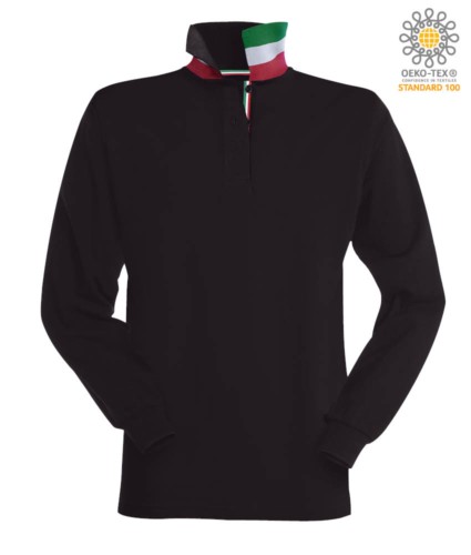 Long sleeved polo shirt with tricolour elements on the collar and the slit. Colour black 
