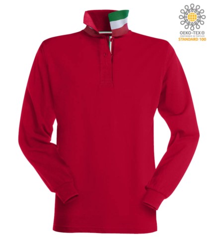 Long sleeved polo shirt with tricolour elements on the collar and the slit. Colour red