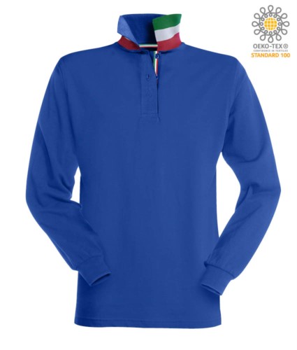 Long sleeved polo shirt with tricolour elements on the collar and the slit. Colour royal blue