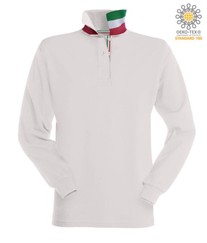Long sleeved polo shirt with tricolour elements on the collar and the slit. Colour white