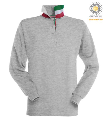 Long sleeved polo shirt with tricolour elements on the collar and the slit. Colour grey