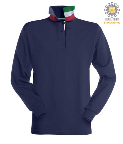 Long sleeved polo shirt with tricolour elements on the collar and the slit. Colour navy blue