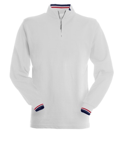 Long sleeve polo shirt, with half zip closure, coloured profile on the inside, collar and sleeve edge. white colour