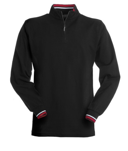 Long sleeve polo shirt, with half zip closure, coloured profile on the inside, collar and sleeve edge. Black colour
