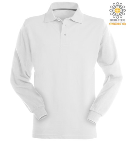Long sleeved white cotton piquet polo shirt