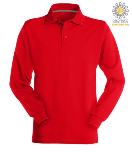 Long sleeved red cotton piquet polo shirt