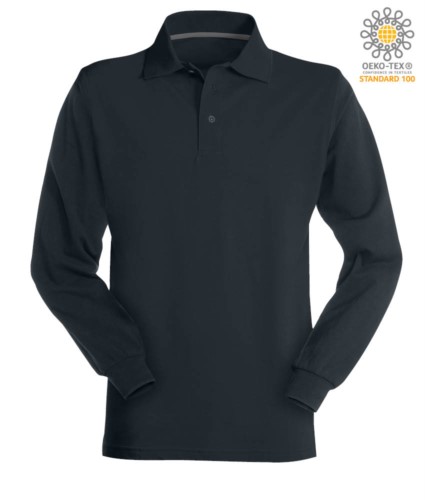 Long sleeved navy blue cotton piquet polo shirt