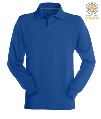 Long sleeved royal blue cotton piquet polo shirt