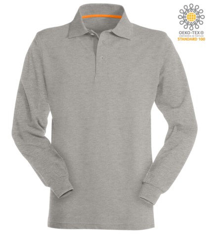 Long sleeved melange grey cotton piquet polo shirt