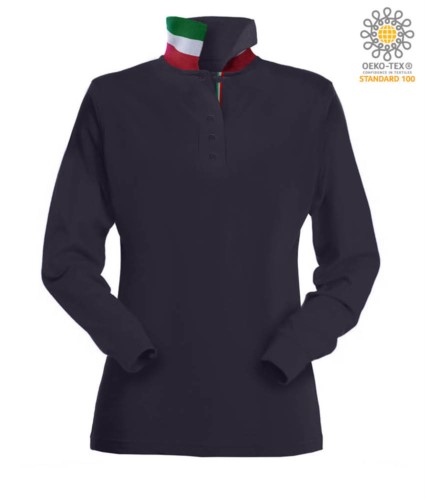 Long sleeved polo shirt with tricolour elements on the collar and the slit. Colour Blue Navy.