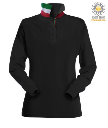 Long sleeved polo shirt with tricolour elements on the collar and the slit. Colour black