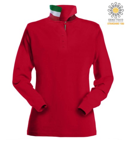 Long sleeved polo shirt with tricolour elements on the collar and the slit. Colour red