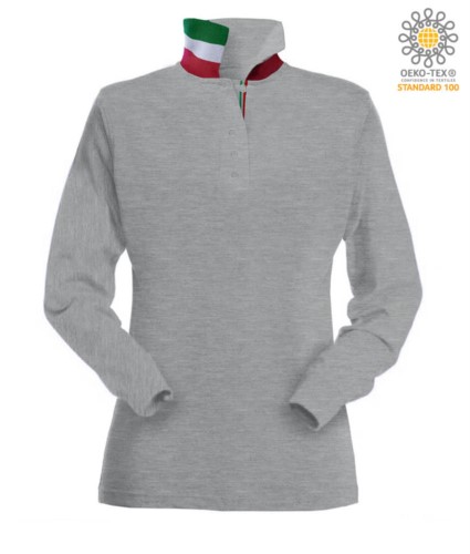 Women long sleeved polo shirt with tricolour elements on the collar and the slit. Melange grey colour