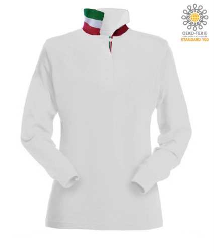 Women long sleeved polo shirt with tricolour elements on the collar and the slit. white colour