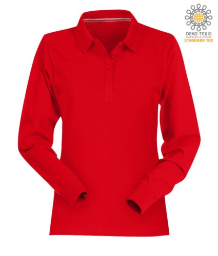 Women long sleeved cotton pique polo shirt in red colour