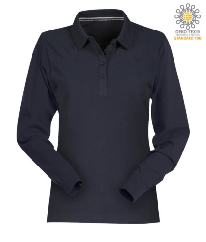 Women long sleeved cotton pique polo shirt in navyblue colour