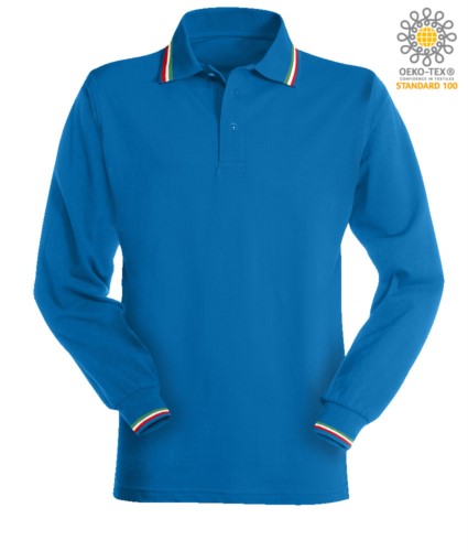 Long sleeved polo shirt with italian tricolour profile on collar and cuffs. royal blue colour