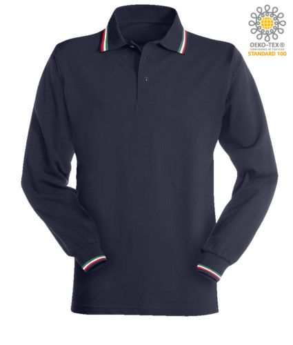 Long sleeved polo shirt with italian tricolour profile on collar and cuffs. navyblue colour