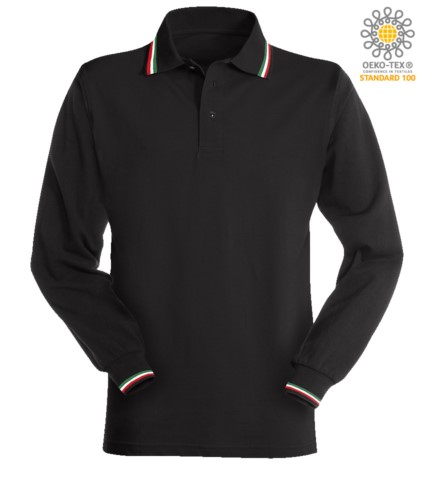 Long sleeved polo shirt with italian tricolour profile on collar and cuffs. black colour