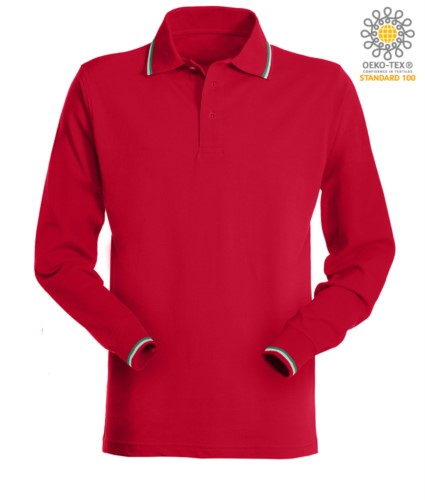Long sleeved polo shirt with italian tricolour profile on collar and cuffs. red colour