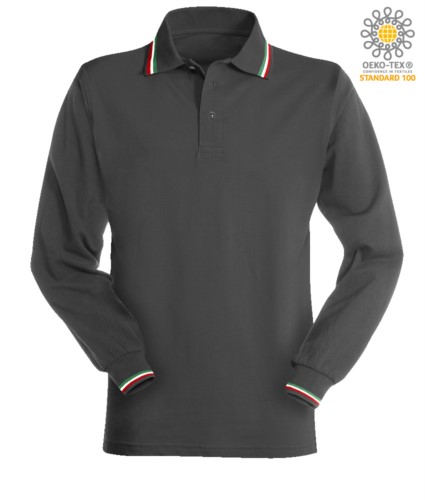 Long sleeved polo shirt with italian tricolour profile on collar and cuffs. Dark grey colour
