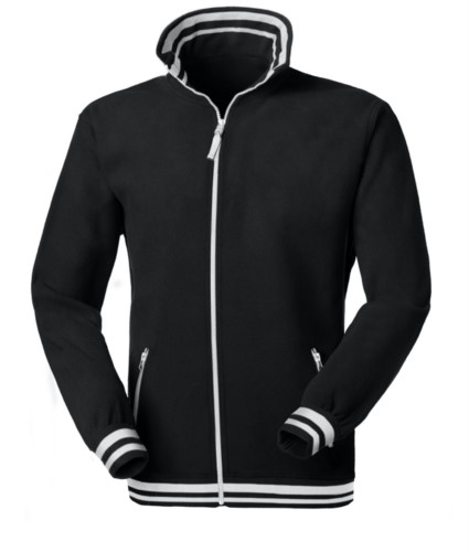 Long zip fleece in two colours, collar, waist, cuffs with contrasting stripes; colour: black/white