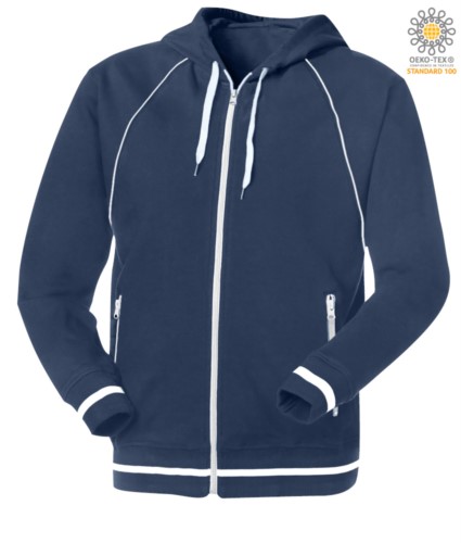 long zip sweatshirt with blue hood in polyester and cotton