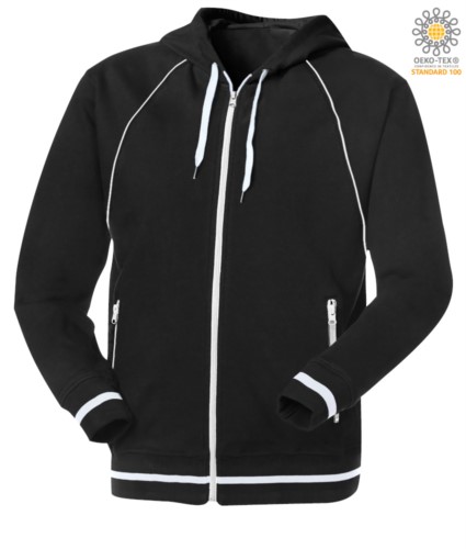long zip sweatshirt with black hood in polyester and cotton