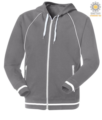 long zip sweatshirt with Grey hood in polyester and cotton