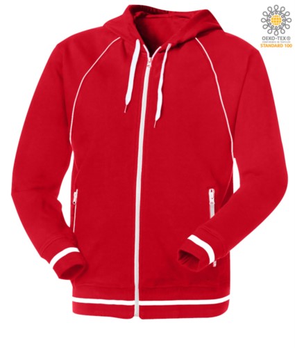 long zip sweatshirt with Red hood in polyester and cotton