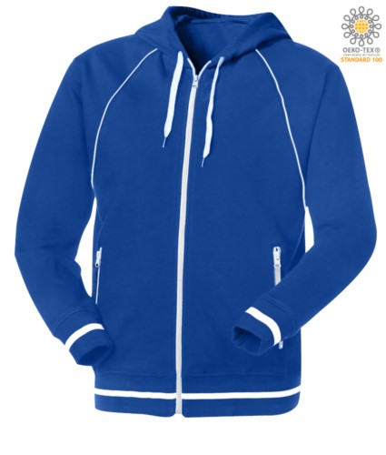 long zip sweatshirt with Royal Blue hood in polyester and cotton