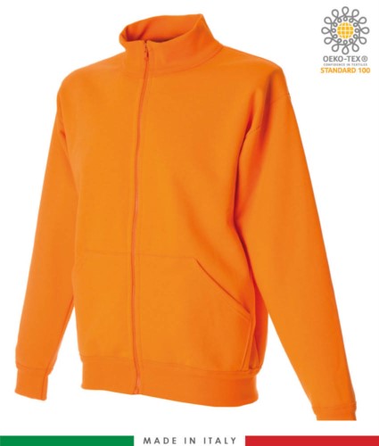 Long zip sweatshirt, ribbed neck, two pouch pockets, made in Italy, color orange