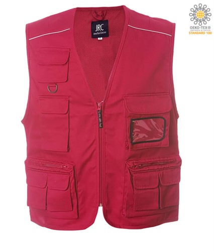 summer work vest with red badge holder with nine pockets and reflective piping