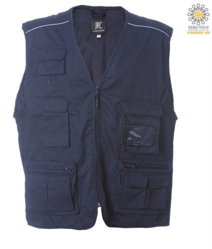 summer work vest with blue badge holder with nine pockets and reflective piping