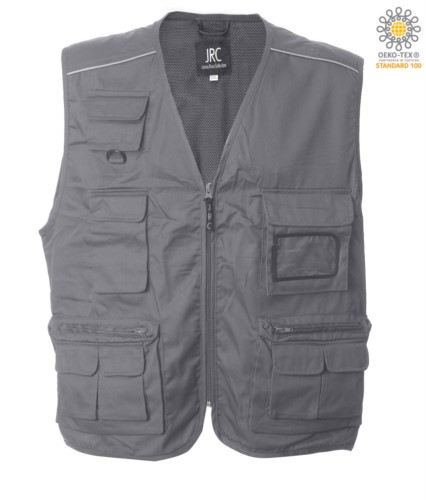 summer work vest with grey badge holder with nine pockets and reflective piping