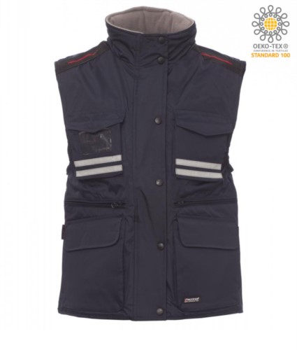 Women multi-pocket vest, plastic zip with metal slider, side vents, color navy blue 