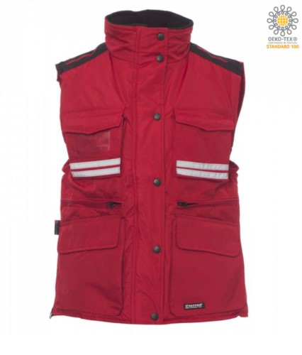 Women multi-pocket vest, plastic zip with metal slider, side vents, color red