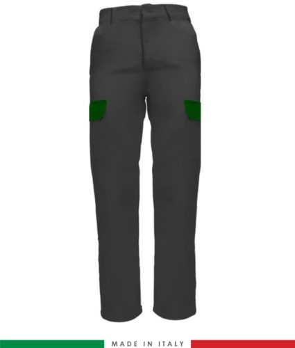 Multi-pocket two-tone work trousers, contrasting profiles, two front pockets, one back pocket, made in Italy, colour bright green grey 
