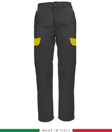 Multi-pocket two-tone work trousers, contrasting profiles, two front pockets, one back pocket, made in Italy, colour grey/yellow
